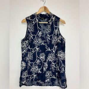 Alex Marie Shear Navy and Embroidered White  Sleeveless top SizeL